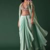Mint Green Crepe Drape Skirt And Blouse Set With Cape