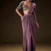 Dahlia Purple Ready To Wear Saree With Hand Embroided Belt Hand Velvet Blouse
