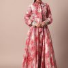 Classic Red Crepe Printed Gown With Embroidered Sleeves