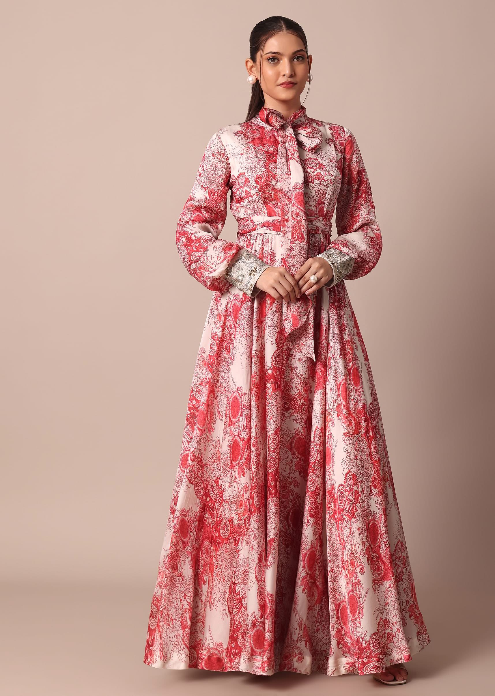 14186-classic-red-crepe-printed-gown-with-embroidered-sleeves-1.jpg Classic Red Crepe Printed Gown With Embroidered Sleeves
