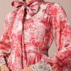 Classic Red Crepe Printed Gown With Embroidered Sleeves