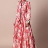 Classic Red Crepe Printed Gown With Embroidered Sleeves