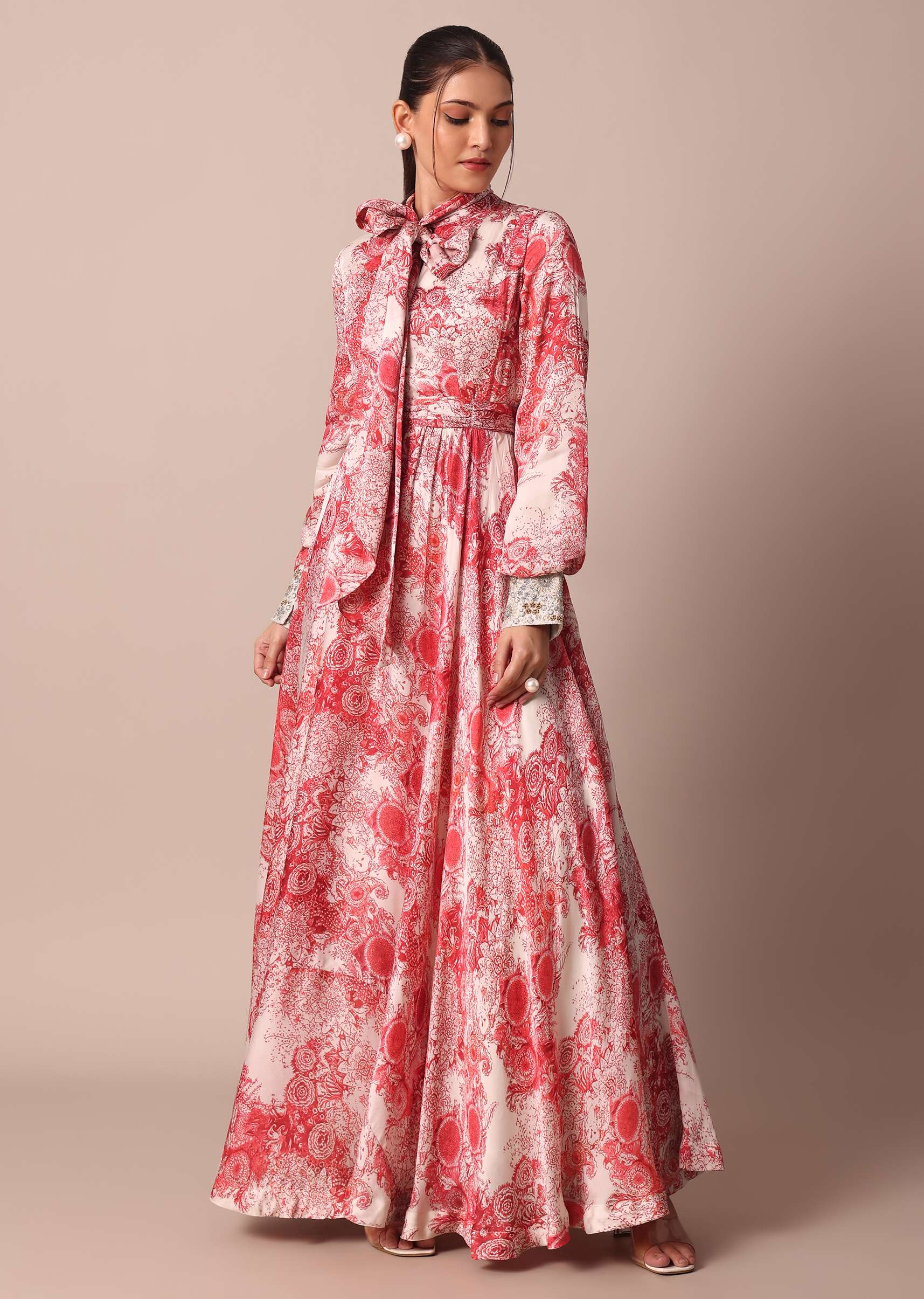 Classic Red Crepe Printed Gown With Embroidered Sleeves