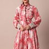 Classic Red Crepe Printed Gown With Embroidered Sleeves