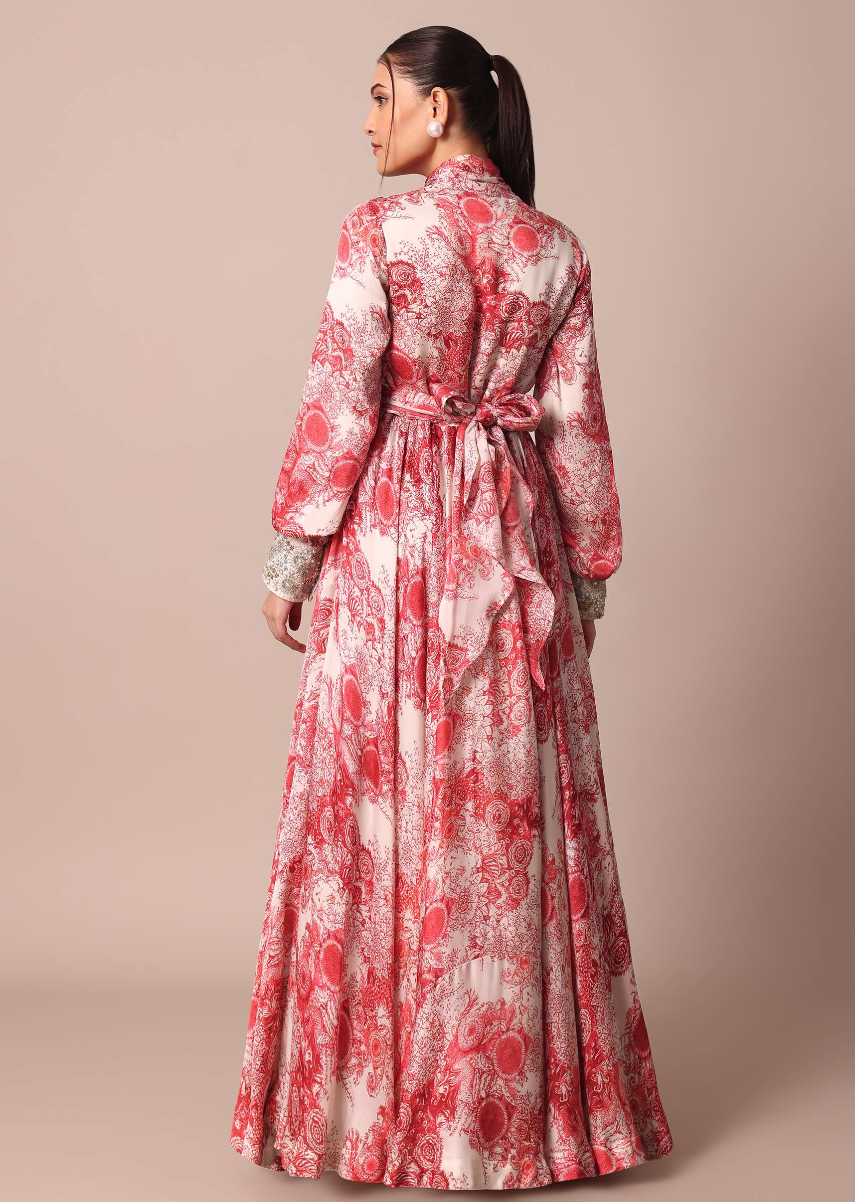 Classic Red Crepe Printed Gown With Embroidered Sleeves