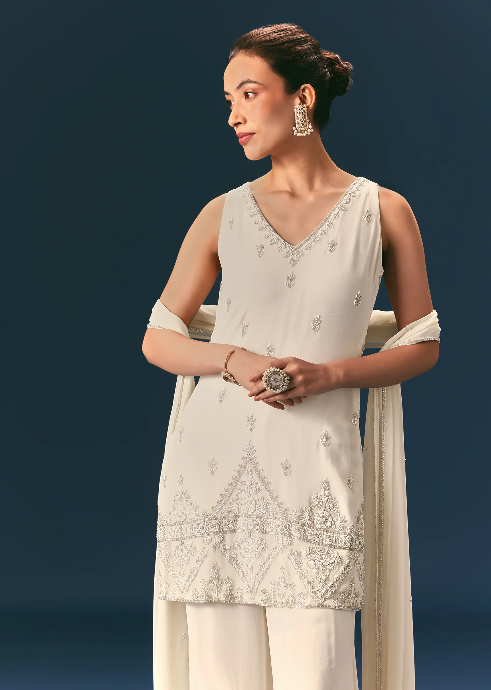 Off White Hand Embroidered Sharara Suit With Choker Dupatta