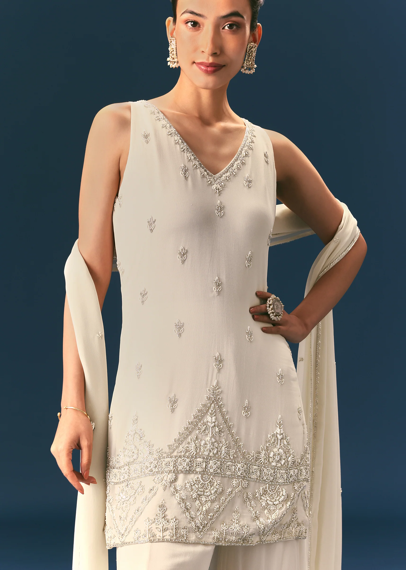 Off White Hand Embroidered Sharara Suit With Choker Dupatta
