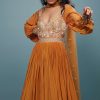 Fire Orange Embroidered Anarkali Suit In Crepe
