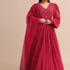 Hand Embroidery Red Anarkali Suit With Organza Dupatta