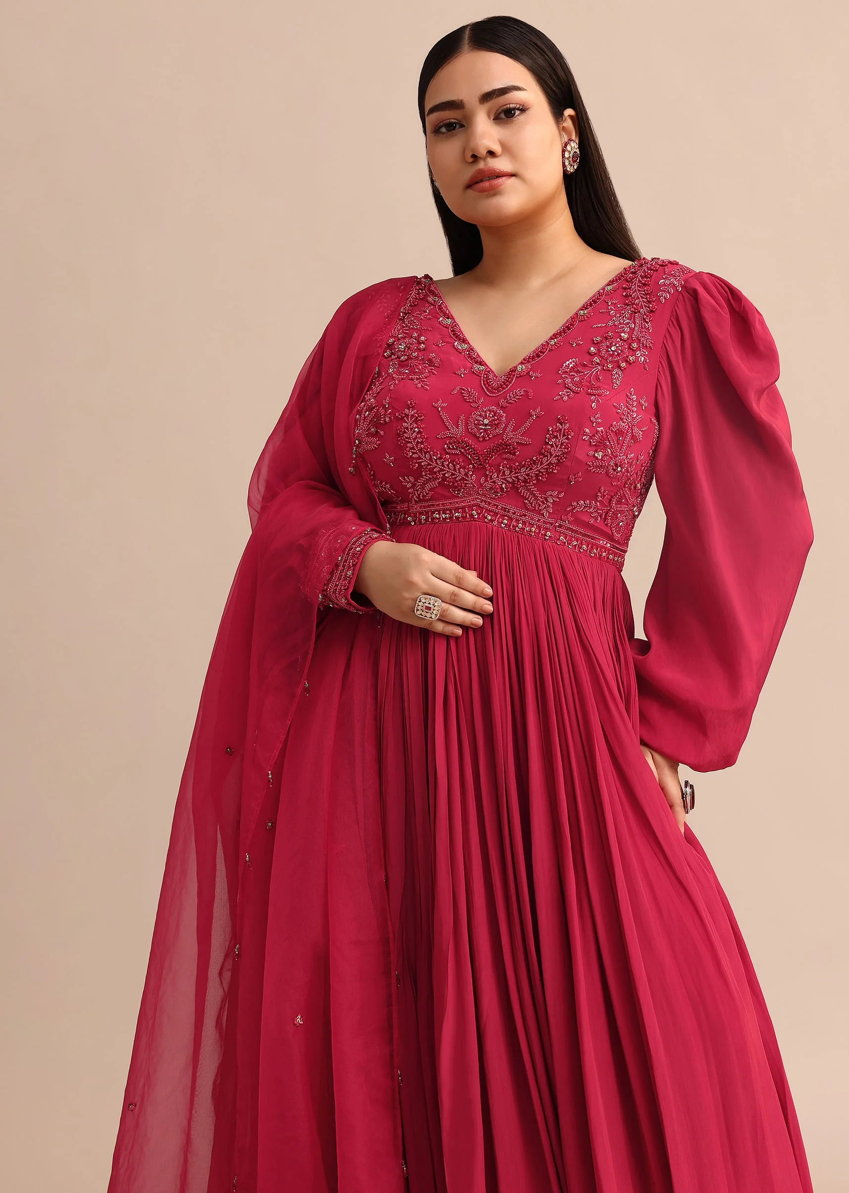Hand Embroidery Red Anarkali Suit With Organza Dupatta