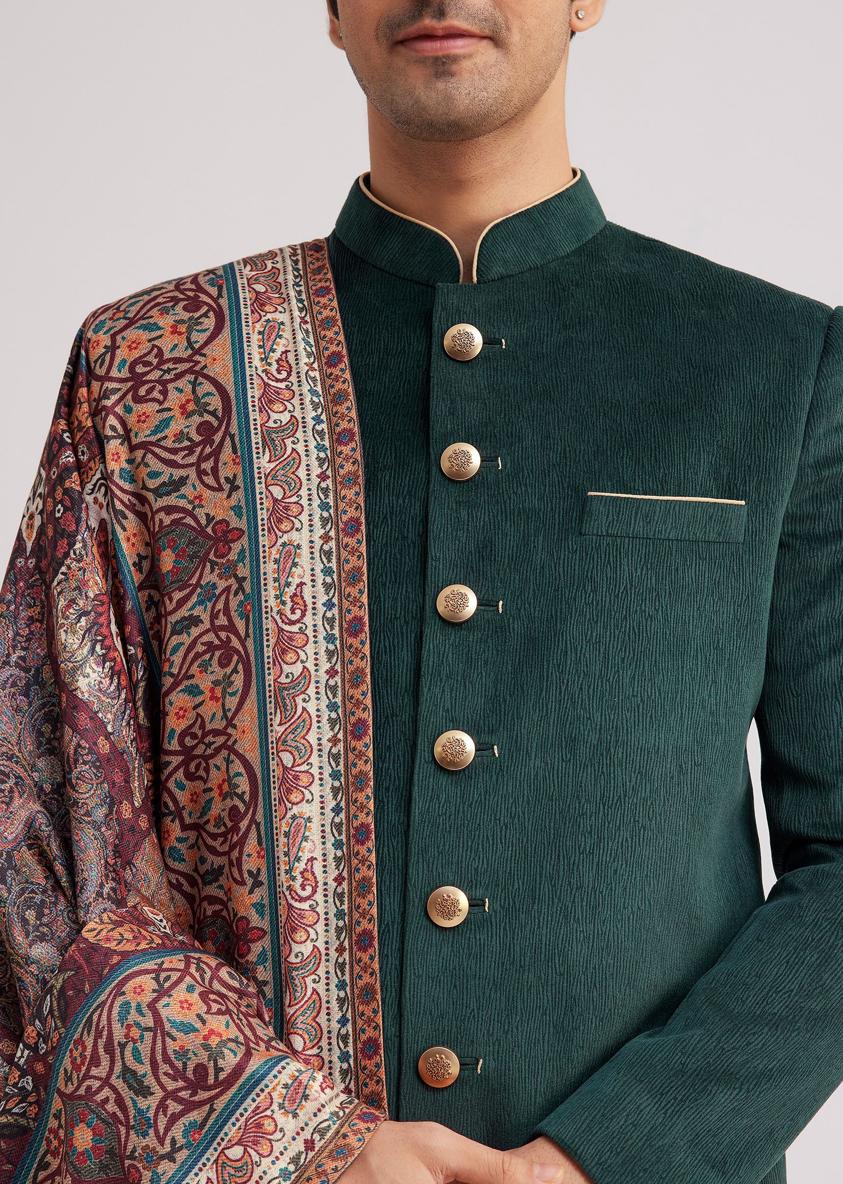 14282-green-velvet-nawabi-set-with-printed-pashmina-dupatta-2.jpg Green Velvet Nawabi Set With Printed Pashmina Dupatta