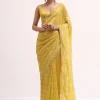 Mustard Yellow Embroidered Crepe Saree With Unstitched Blouse