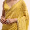 Mustard Yellow Embroidered Crepe Saree With Unstitched Blouse