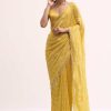 Mustard Yellow Embroidered Crepe Saree With Unstitched Blouse
