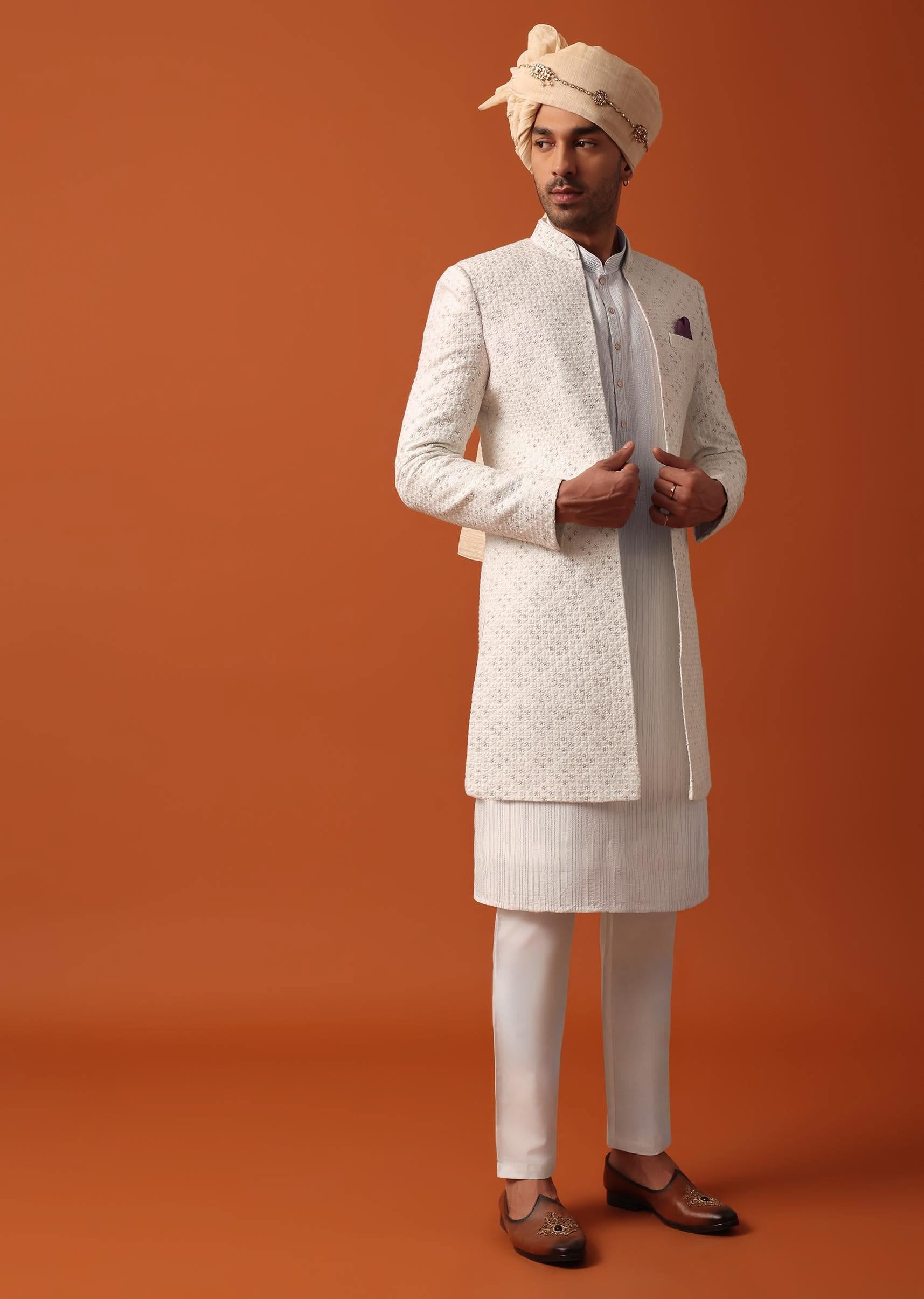 Blush Pink Sherwani Adorned with Intricate Embroidery All Over