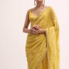 Mustard Yellow Embroidered Crepe Saree With Unstitched Blouse