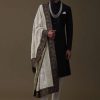 14318-black-sherwani-set-in-silk-with-embroidered-dupatta-and-mala-1.jpg Black Sherwani Set In Silk With Embroidered Dupatta And Mala