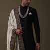 14318-black-sherwani-set-in-silk-with-embroidered-dupatta-and-mala-2.jpg Black Sherwani Set In Silk With Embroidered Dupatta And Mala