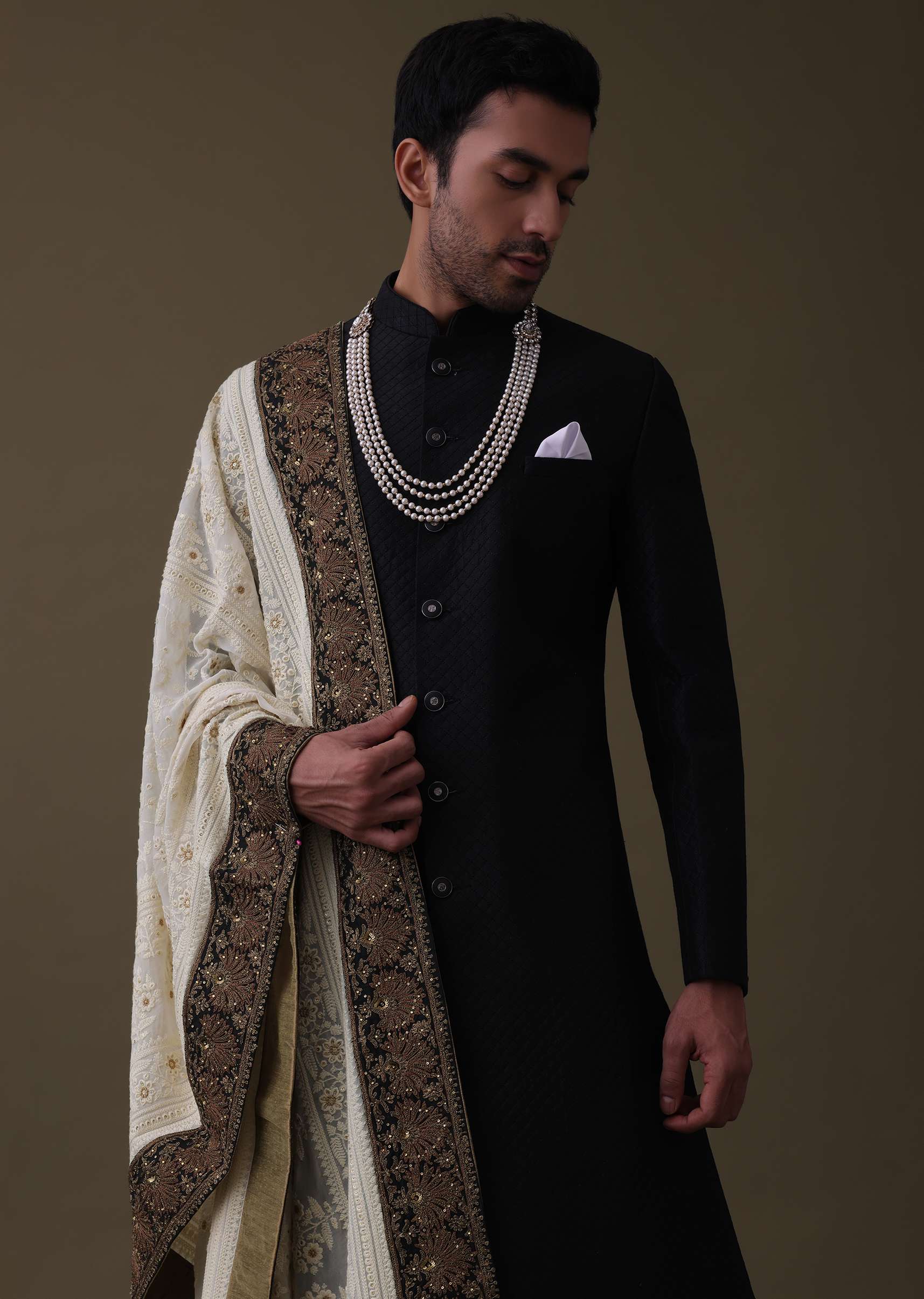 14318-black-sherwani-set-in-silk-with-embroidered-dupatta-and-mala-2.jpg Black Sherwani Set In Silk With Embroidered Dupatta And Mala