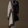 14318-black-sherwani-set-in-silk-with-embroidered-dupatta-and-mala-3.jpg Black Sherwani Set In Silk With Embroidered Dupatta And Mala