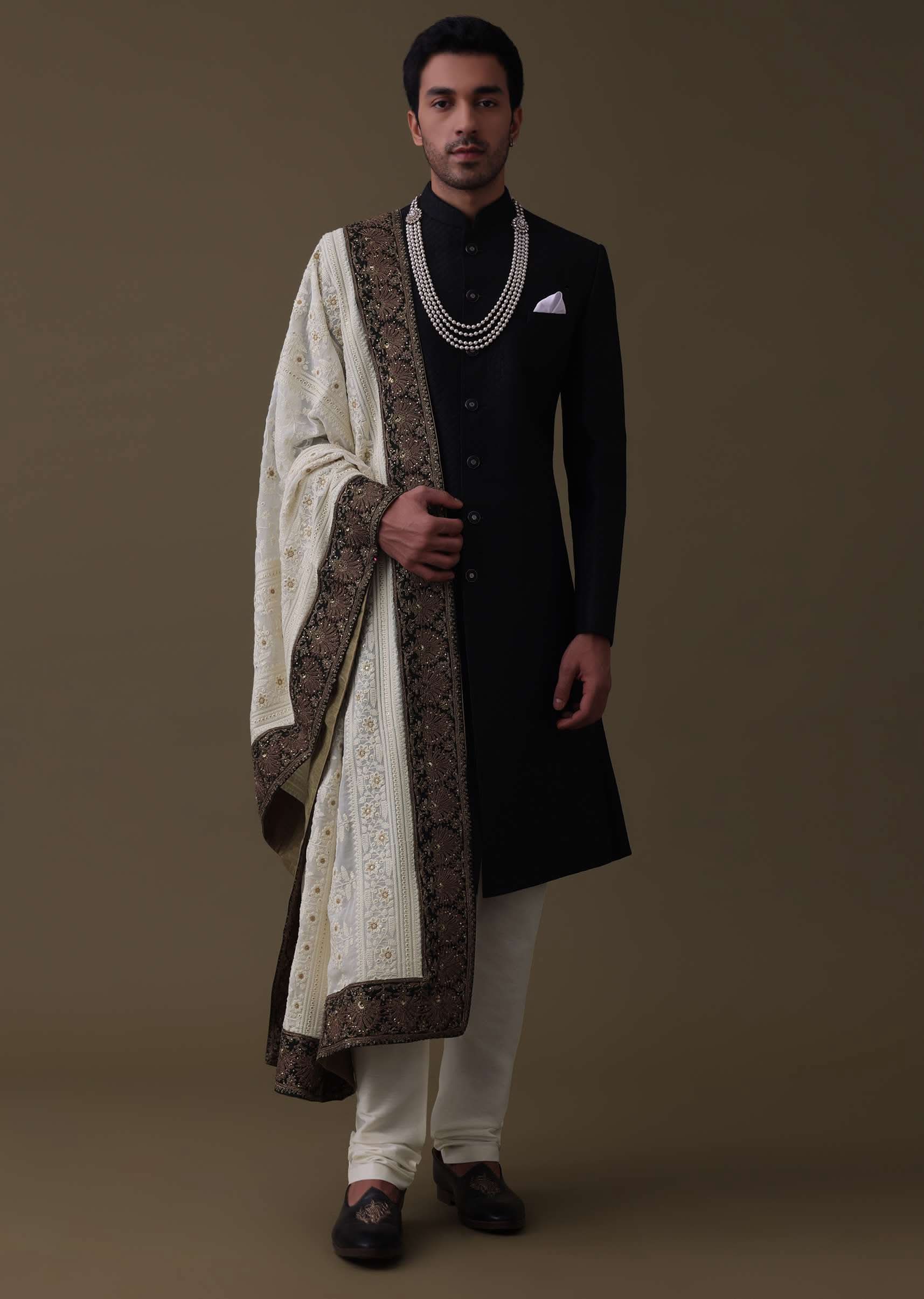 14318-black-sherwani-set-in-silk-with-embroidered-dupatta-and-mala-3.jpg Black Sherwani Set In Silk With Embroidered Dupatta And Mala