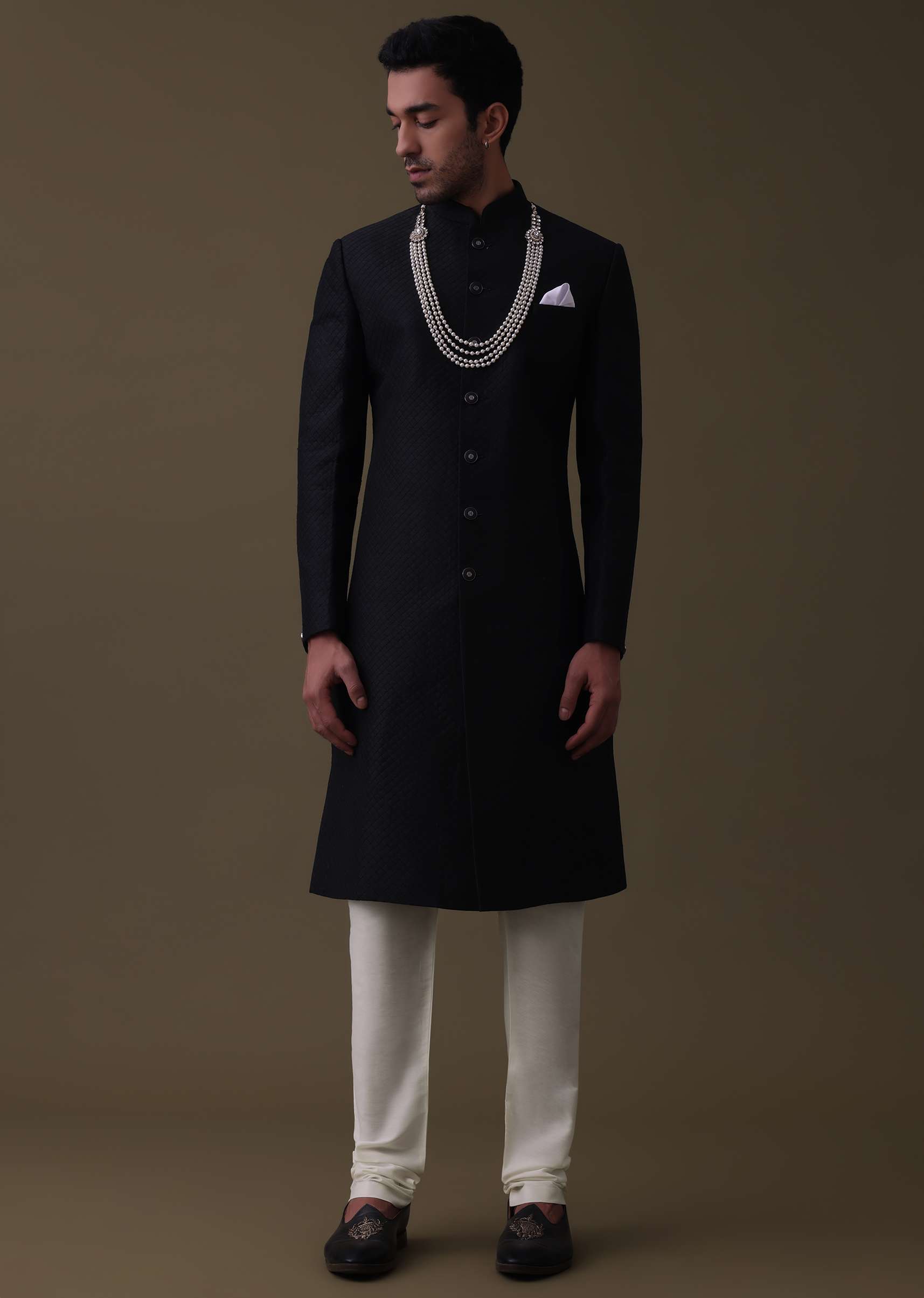14318-black-sherwani-set-in-silk-with-embroidered-dupatta-and-mala-5.jpg Black Sherwani Set In Silk With Embroidered Dupatta And Mala