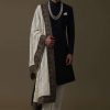 14318-black-sherwani-set-in-silk-with-embroidered-dupatta-and-mala-7.jpg Black Sherwani Set In Silk With Embroidered Dupatta And Mala