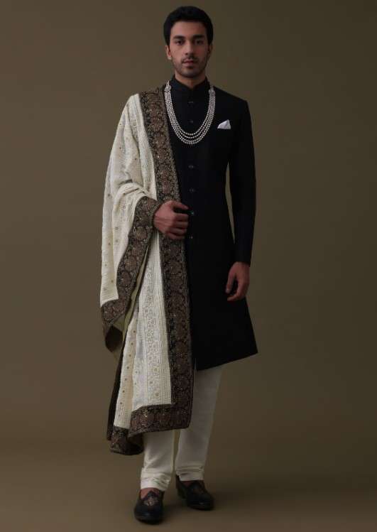 14318-black-sherwani-set-in-silk-with-embroidered-dupatta-and-mala-7.jpg Black Sherwani Set In Silk With Embroidered Dupatta And Mala