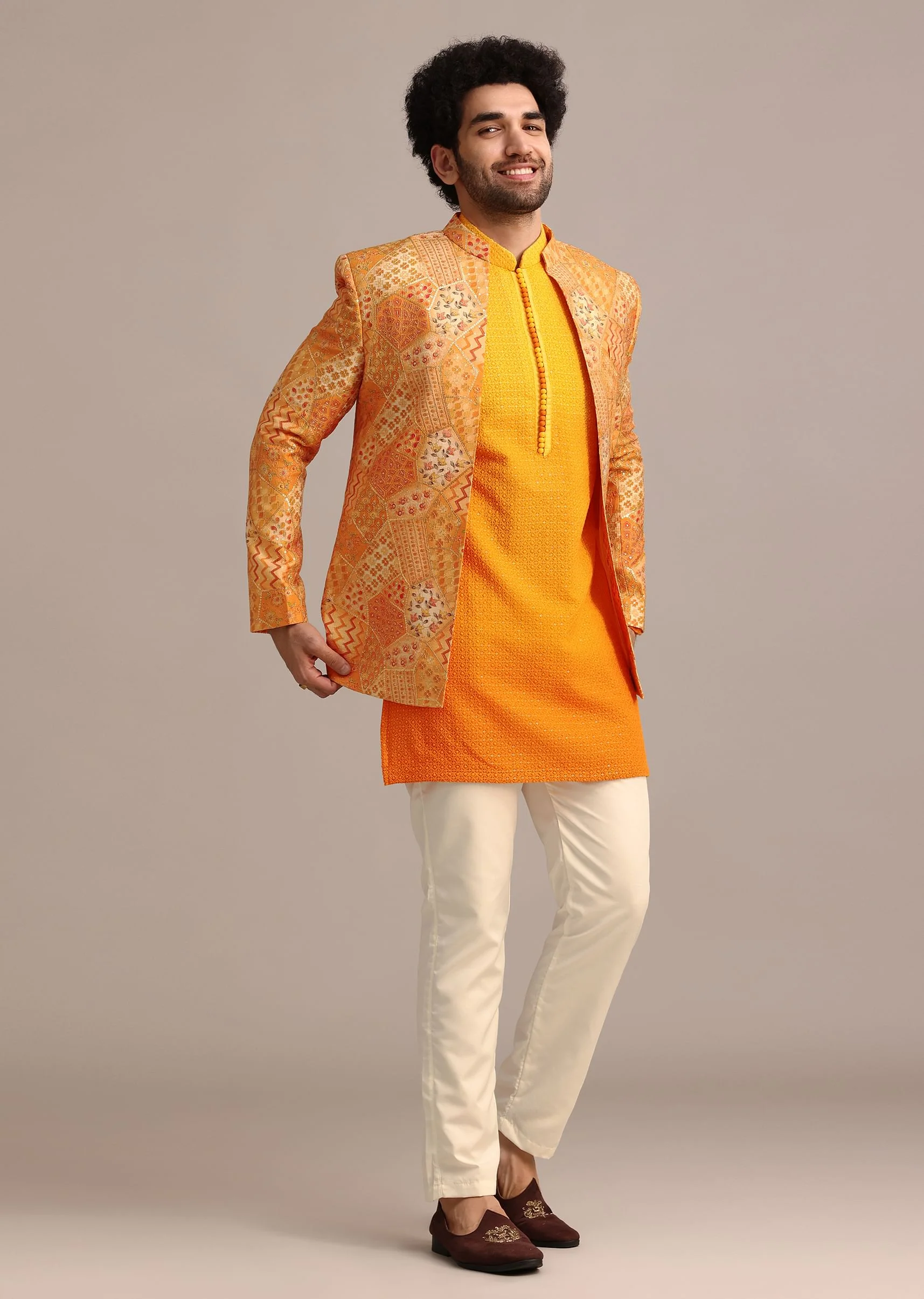 14329-36-36-variation-1.webp Yellow Silk Thread Resham Work Jodhpuri Kurta Set