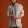 Grey Textured Jacket With Striped Kurta Set
