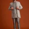 Grey Textured Jacket With Striped Kurta Set