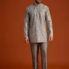 Grey Textured Jacket With Striped Kurta Set