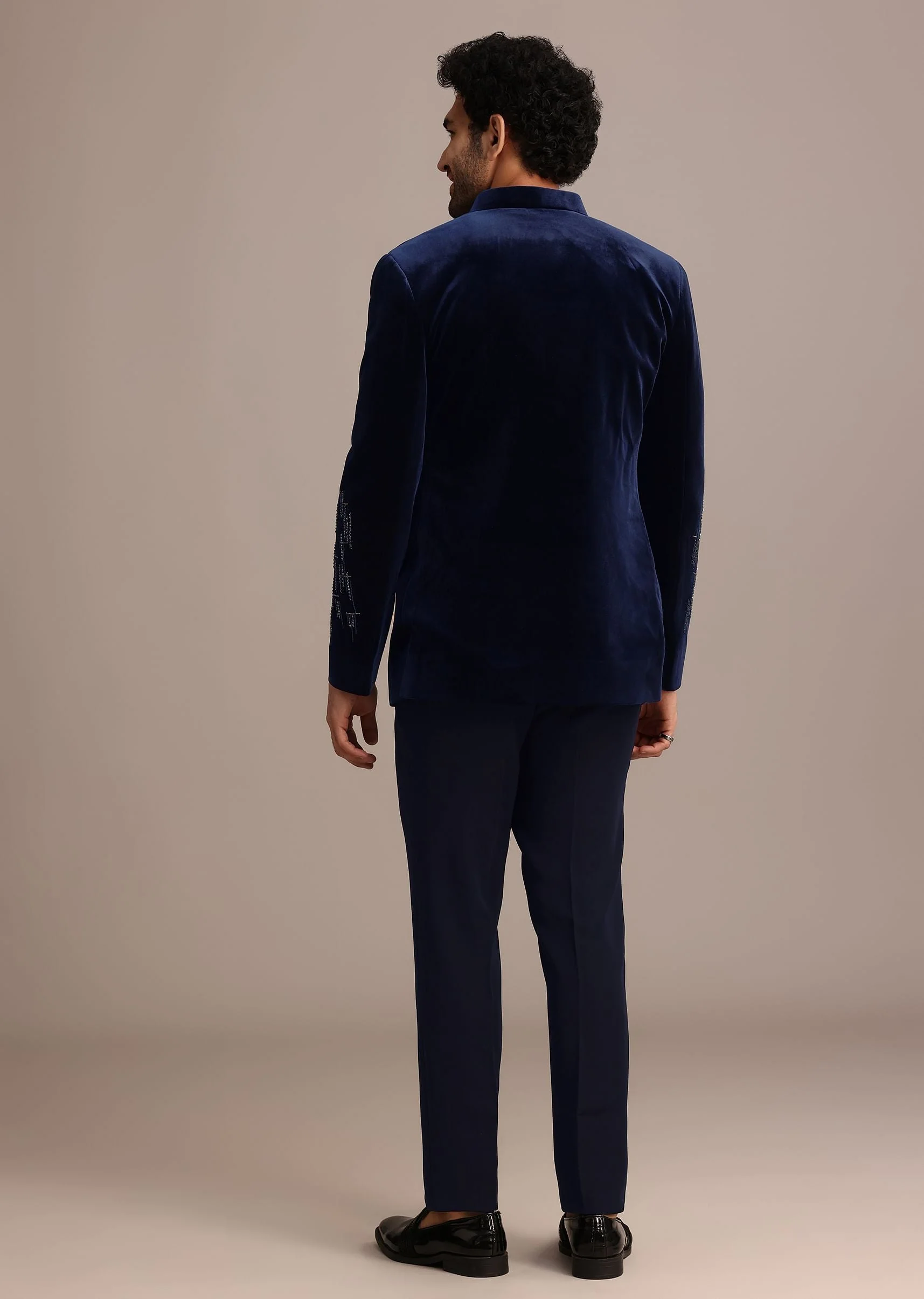 Blue Embroidered Indo Western Set in Velvet