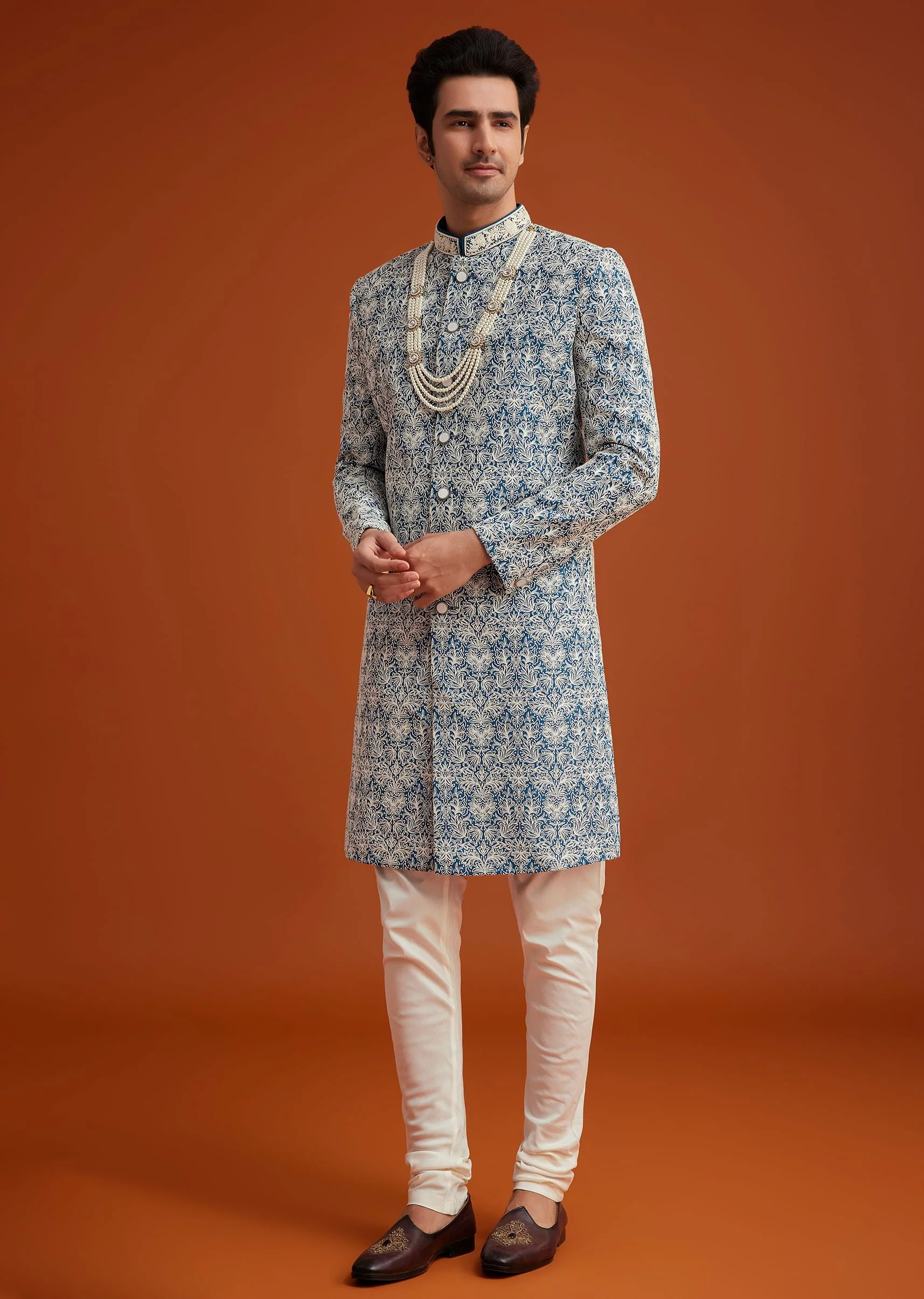 14373-blue-monga-silk-sherwani-with-embroidery-and-beadwork-3.webp Blue Monga Silk Sherwani With Embroidery And Beadwork