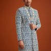 14373-blue-monga-silk-sherwani-with-embroidery-and-beadwork-4.jpg Blue Monga Silk Sherwani With Embroidery And Beadwork