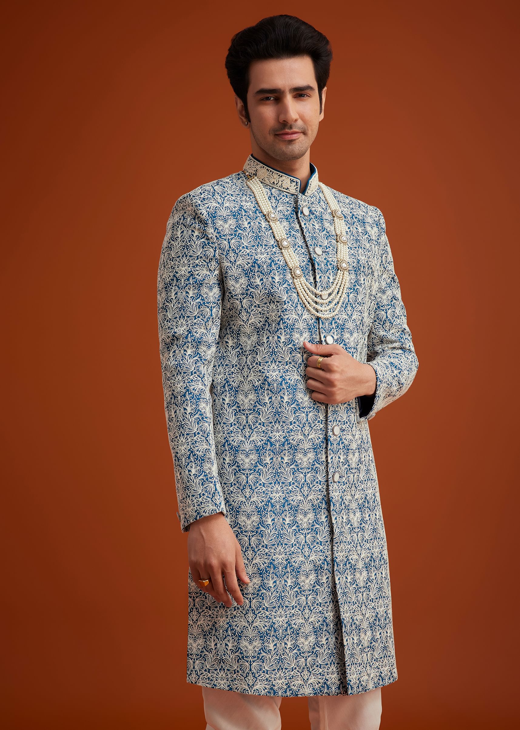 14373-blue-monga-silk-sherwani-with-embroidery-and-beadwork-4.jpg Blue Monga Silk Sherwani With Embroidery And Beadwork