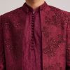 Wine Silk Open Sherwani Set With Zardosi Stone And Beads Work
