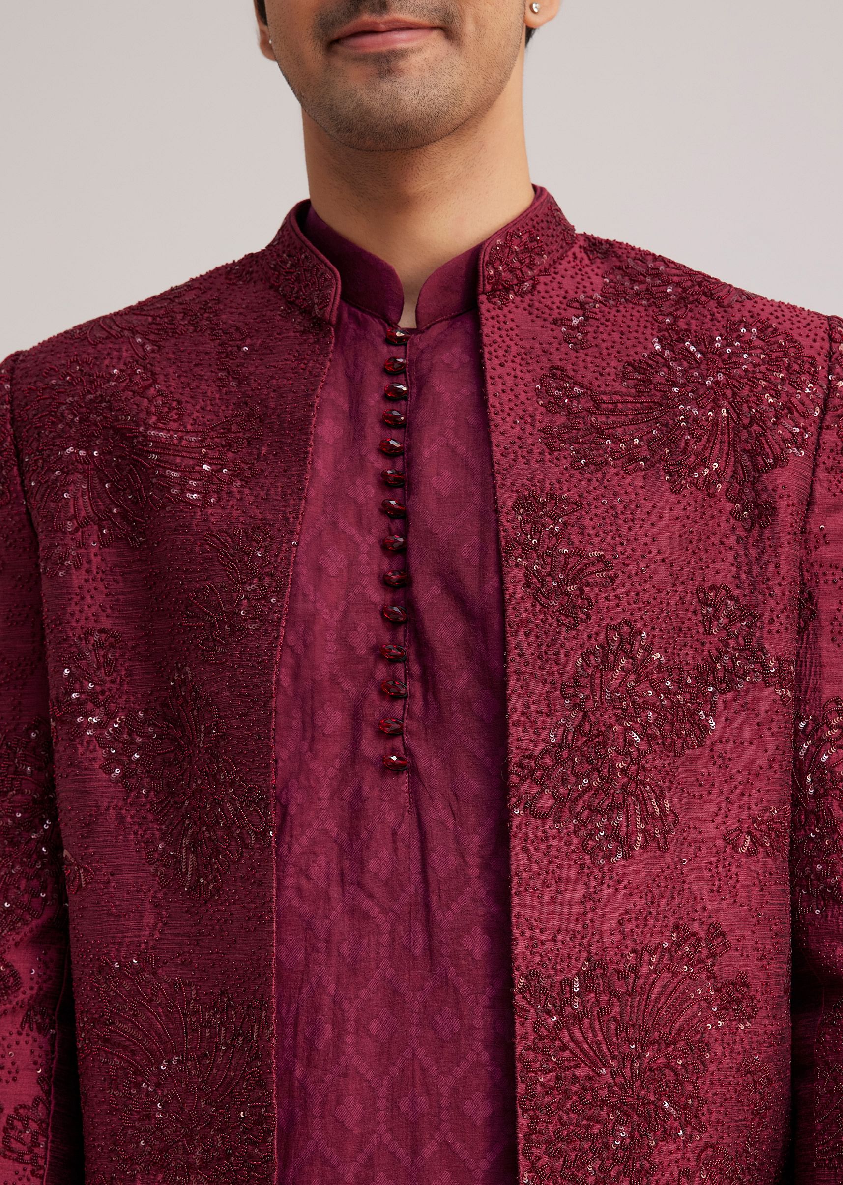 14391-wine-silk-open-sherwani-set-with-zardosi-stone-and-beads-work-1.jpg Wine Silk Open Sherwani Set With Zardosi Stone And Beads Work