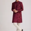 Wine Silk Open Sherwani Set With Zardosi Stone And Beads Work