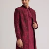 Wine Silk Open Sherwani Set With Zardosi Stone And Beads Work
