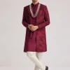 Wine Silk Open Sherwani Set With Zardosi Stone And Beads Work