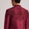 Wine Silk Open Sherwani Set With Zardosi Stone And Beads Work
