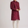 Wine Silk Open Sherwani Set With Zardosi Stone And Beads Work