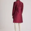 Wine Silk Open Sherwani Set With Zardosi Stone And Beads Work