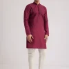 Wine Silk Open Sherwani Set With Zardosi Stone And Beads Work