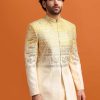 Yellow Ombre Indowestern Set With Foil Applique For Men
