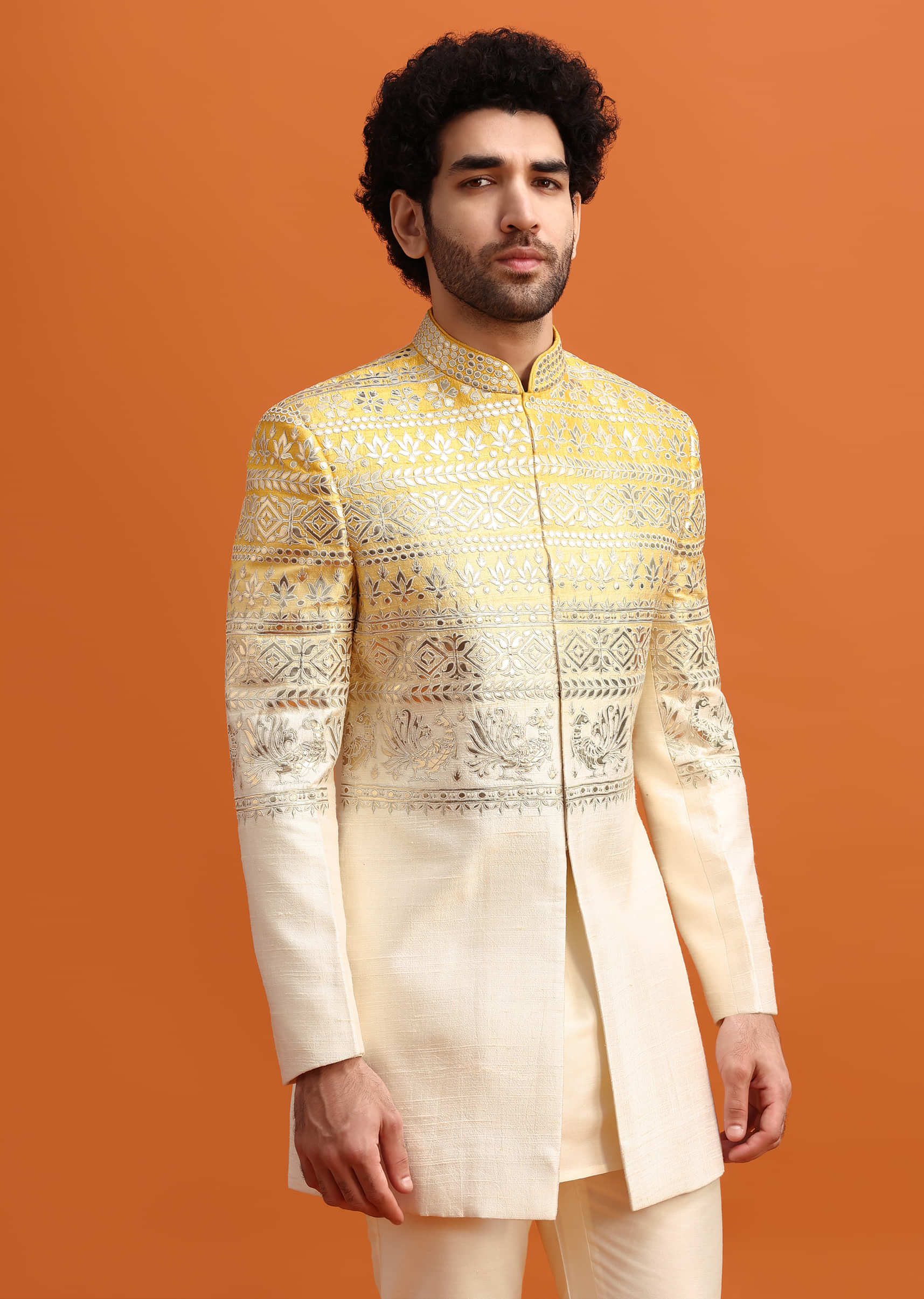 14400-yellow-ombre-indowestern-set-with-foil-applique-for-men-1.jpg Yellow Ombre Indowestern Set With Foil Applique For Men