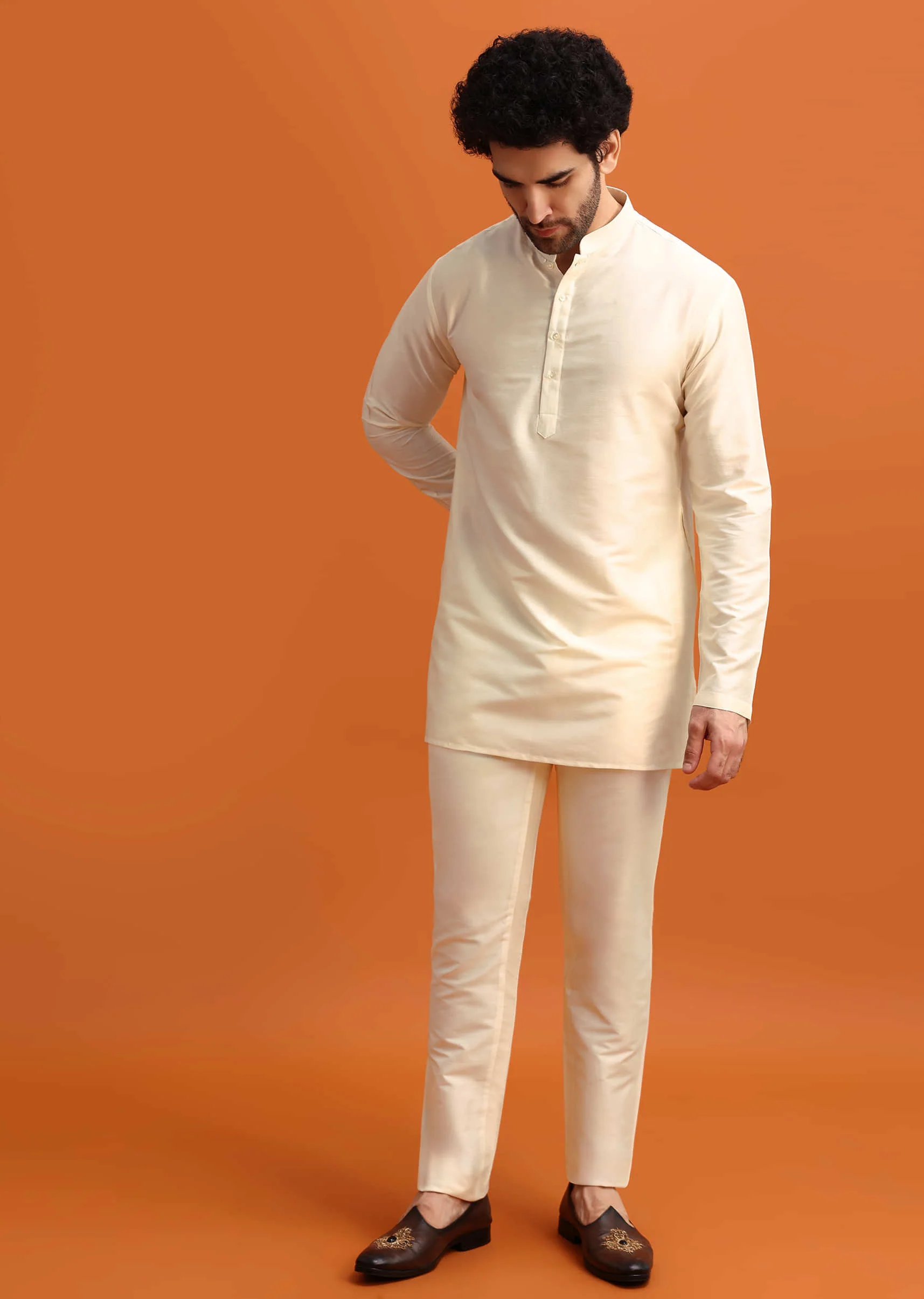 Yellow Ombre Indowestern Set With Foil Applique For Men