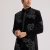 Black Velvet Indo Western Set With Abstract Motif And Cut Dana Work