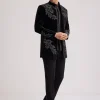 Black Velvet Indo Western Set With Abstract Motif And Cut Dana Work